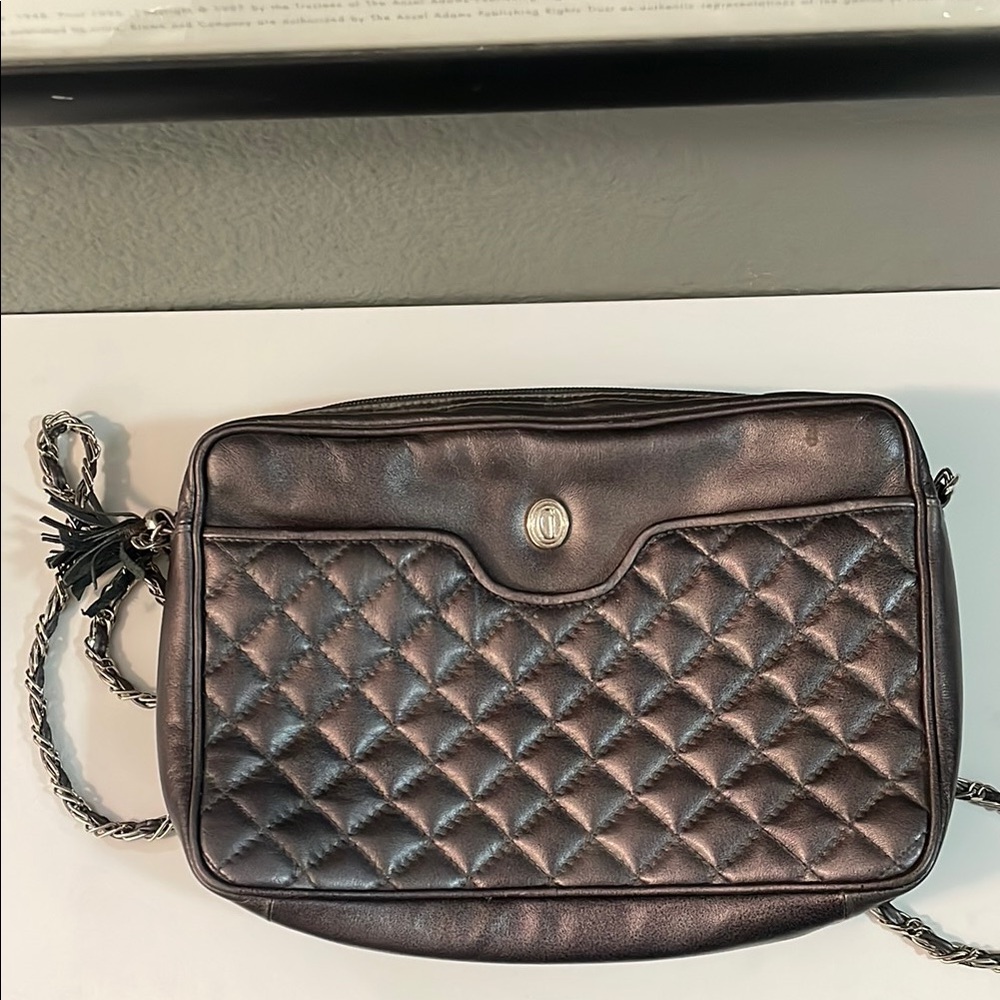 Dark purple silvery black Quilted Crossbody Bag with Flap Closure